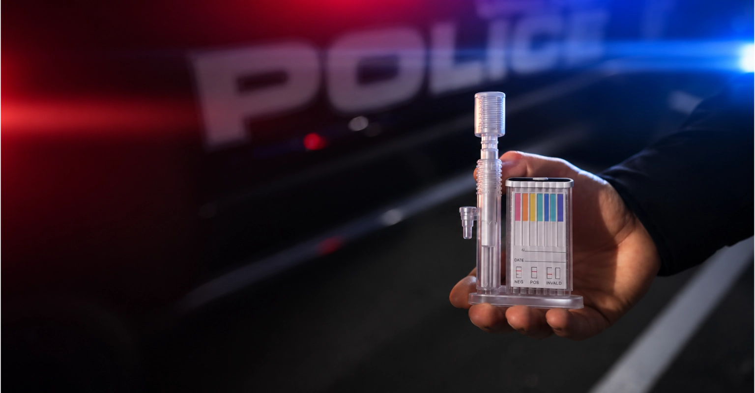 Law enforcement officer holding OraPlex™ beside a patrol vehicle